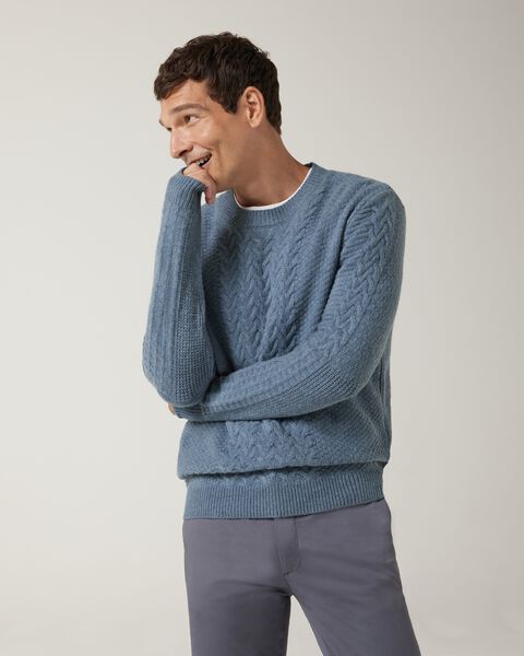 Heavyweight chunky knit with contrast cable knit design, Denim, hi-res